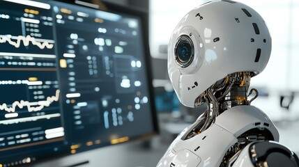 AI robot interacting with financial data screens, fintech automation, blending AI with financial operations