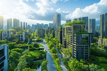 Obraz premium Modern green cityscape with lush foliage and eco-friendly buildi