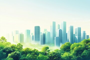Obraz premium Misty city skyline above vibrant forest, morning haze