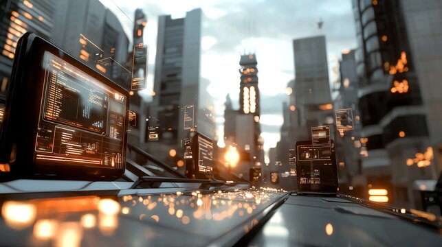 Digital interfaces converging into a futuristic financial district, fintech hub, modernizing financial sectors