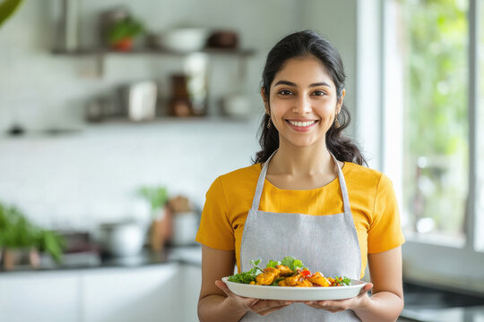 a beautiful smiling young indian woman in an apron holding a plate of food standing in a kitchen at home.