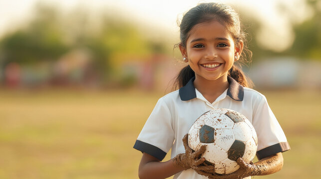 south indian school girl in her uniform holding a soccer ball in her arm, dirt from mud after the soccer game on her uniform.