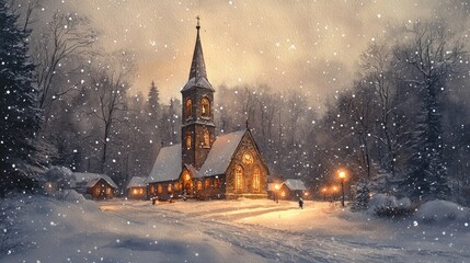 Fototapeta premium snow-covered church on Christmas Eve, with the warm glow of lights shining through stained glass windows, painted in delicate watercolor