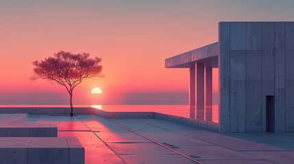 Fototapeta premium A tree is in front of a building with a sunset in the background
