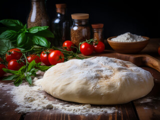 Fototapeta premium Fantastic Flour Dough Garlic and Tomatoes on a kitchen countertop