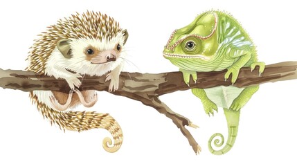 Fototapeta premium Watercolor Illustration of a Hedgehog and Chameleon on a Branch.