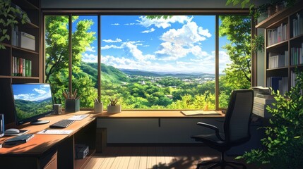 Obraz premium Anime-inspired office interior with a view of a peaceful landscape, capturing the harmony between a tranquil workspace and nature.