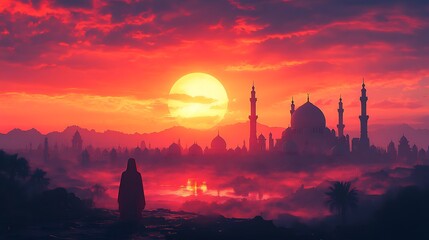Obraz premium A lone figure stands silhouetted against a vibrant sunset, overlooking a majestic mosque in a misty, ancient city.