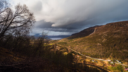top view of the landscape of the area surrounding the village of Tennevoll, Norway