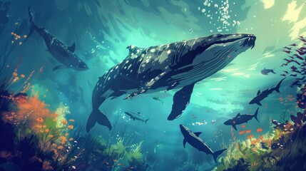 Fototapeta premium Whale and Sharks Swimming in the Ocean.