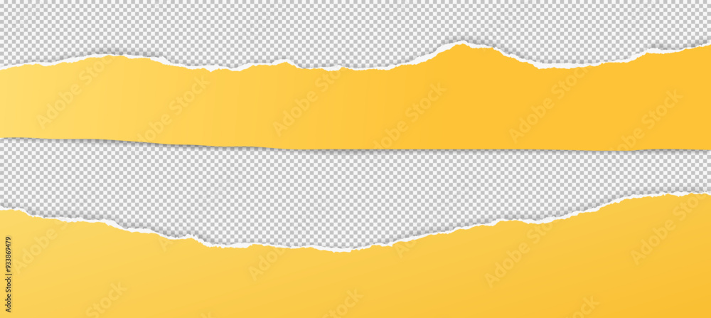 Aufkleber yellow paper strips with torn edges and soft shadow are on squared background for text or ad.
