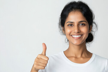 Indian middle age woman in white t shirt showing thumps up