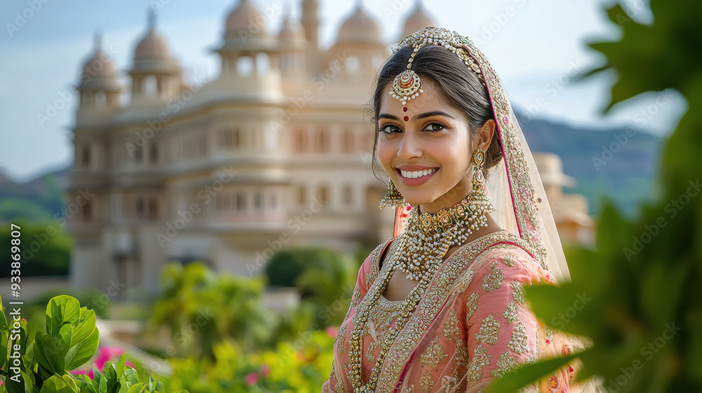 Wall mural Indian woman in traditional wear and jwelery standing in front of royal palace