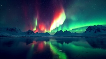 The delightful and bright northern lights against the background of snow-capped mountains are magically reflected in the ice of a frozen lake, winter, snow, north