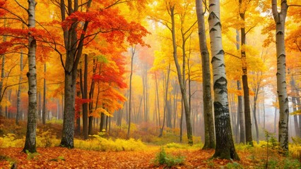 Vibrant fall colors illuminate the misty atmosphere of a northern hardwood forest, with sugar maples, oaks, and birches standing tall amidst a carpet of golden leaves.