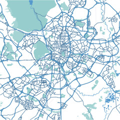 Obraz premium Map of Madrid in Spain in blue. Contains layered vector with roads water, parks, etc.