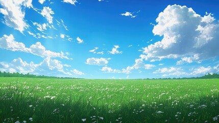 Fototapeta premium Anime-style wide image of green grassy fields under a blue summer sky, with soft white clouds gently moving, creating a calm and serene atmosphere.