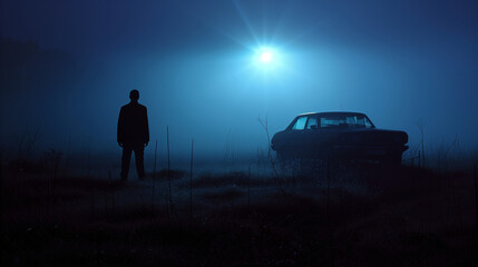 Silhouette of man standing near car under moonlit sky. Mysterious nighttime scene with foggy atmosphere suggests crime, thriller, or suspense story with a killer, police or detective character