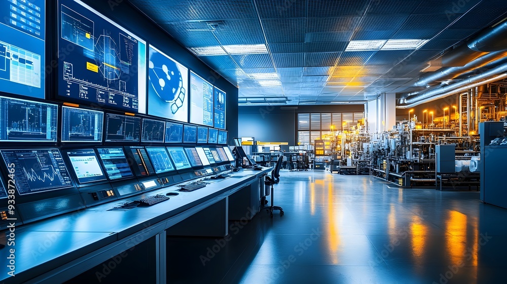 Poster a high tech control room where engineers are closely monitoring and controlling critical petrochemic