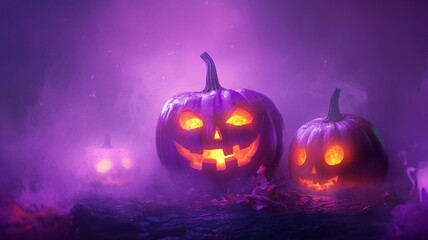 Halloween pumpkins with glowing carved faces surrounded by eerie purple smoke, creating a spooky and festive atmosphere.