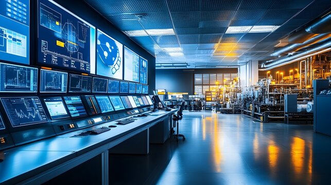 A high tech control room where engineers are closely monitoring and controlling critical petrochemical processes through large digital screens and advanced control systems