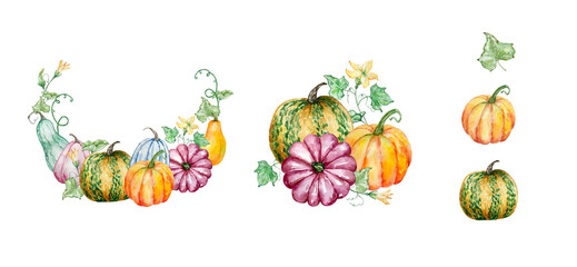 Watercolor autumn wreath set with pumpkins and fall leaves