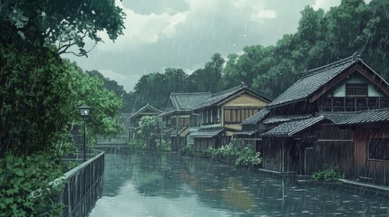 Fototapeta premium Cartoonish anime view of a Japanese village on a rainy day, capturing the tranquil beauty of a serene, wet landscape.