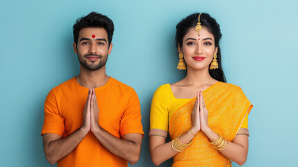 indian couple in traditional wear doing namaste