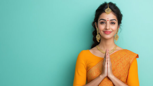 Beautiful indian woman doing namaste gesture or giving praying pose