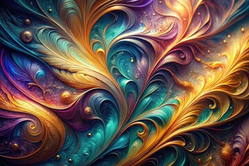 Vibrant, flowing patterns of iridescent colors, metallic swirls, and feathery textures evoke a sense of luxury and sophistication in this abstract, liquid ink art piece.