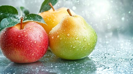 tasty, juicy fresh apples and pears with water drops  