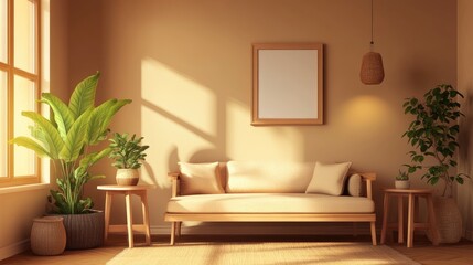 Cozy anime-style boho home interior with wooden furniture, soft lighting, and an empty wall mockup on a warm brown background.
