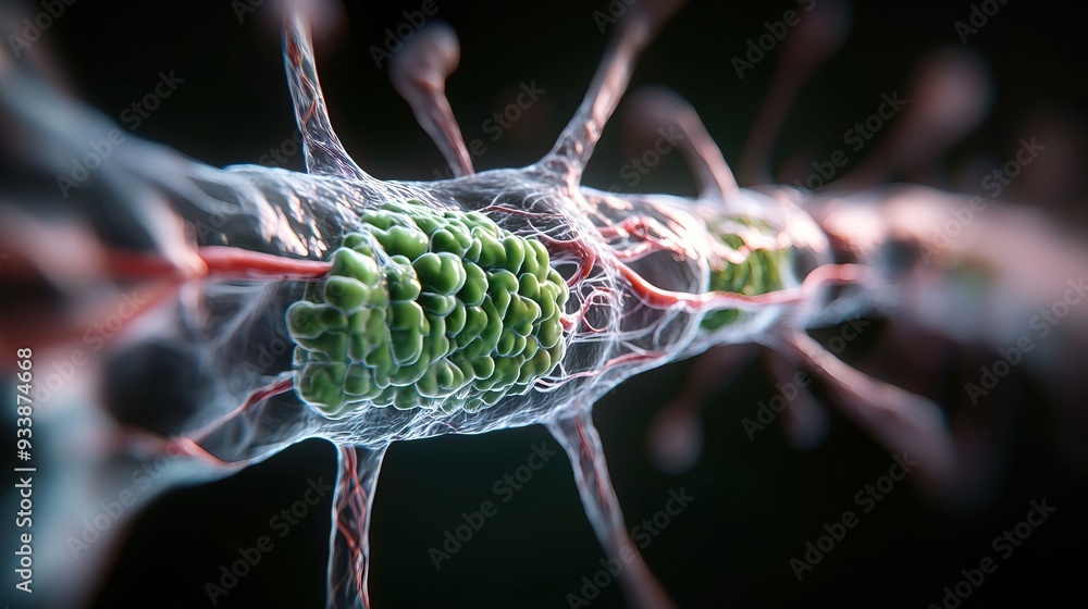 Poster a detailed illustration of a neuron highlighting its structure and intricate connections in a dynami