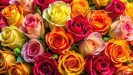 Naklejka premium Vibrant, freshly picked roses in shades of pink, yellow, orange, and red are gathered in a lush, overflowing bouquet, exuding warmth and elegance.