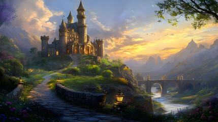 Fototapeta premium A Majestic Castle Stands Tall on a Hilltop, Surrounded by Lush Greenery and Majestic Mountains, with a Winding Path Leading to a Stone Bridge Over a Tranquil River