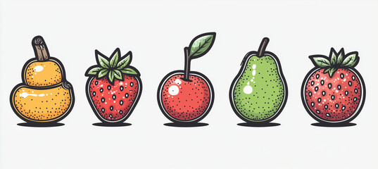 A series of cartoon fruits including apples, pears, and strawberries. The fruits are drawn in a stylized way, with some having a more cartoonish appearance than others. Scene is playful and whimsical
