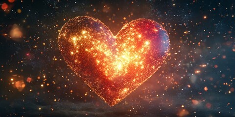 Glowing heart made of twinkling stars and cosmic dust, floating in space, surrounded by distant galaxies, representing universal happiness