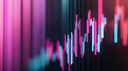 Futuristic price reduction. Vibrant neon pink and teal lines forming a fluctuating pattern against a gradient background