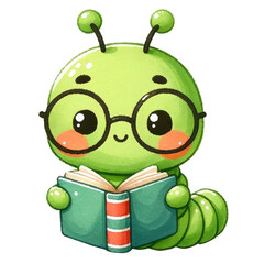 Cute green caterpillar with glasses reading a book. Adorable cartoon illustration suitable for educational materials and children's content.