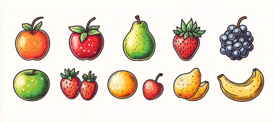 A set of hand drawn fruit including apples, pears, strawberries, bananas, and blueberries