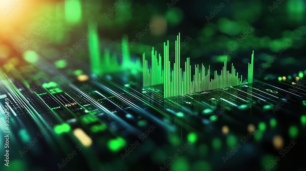Poster a vibrant digital landscape displaying green data visualization with waveforms and light effects sui