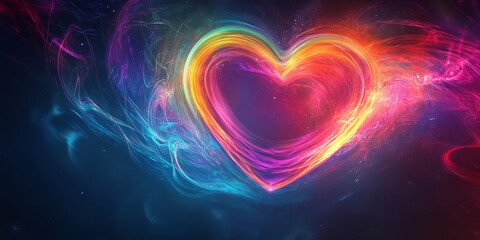 Radiant heart made of rainbow-colored light, surrounded by swirling energy and glowing softly against a dark backdrop, symbolizing joy and positivity