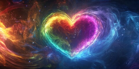 Radiant heart made of rainbow-colored light, surrounded by swirling energy and glowing softly against a dark backdrop, symbolizing joy and positivity