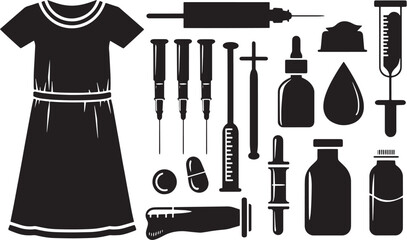 A straightforward vector icon set with a medical lab, blood drop, hospital gown, and pills