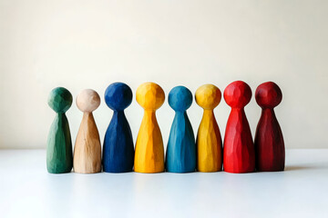 A line of multicolored carved wooden figures representing unity and diversity.
