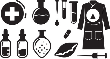 A straightforward vector icon set with a medical lab, blood drop, hospital gown, and pills