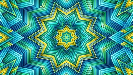 Obraz premium Vibrant geometric background featuring repetitive lined patterns in shades of blue, green, and yellow, creating a mesmerizing and dynamic visual effect.