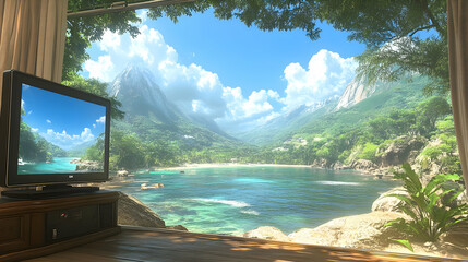 Tranquil Tropical Paradise: Lush Greenery, Sparkling Water, and Majestic Mountains - A Serene Escape