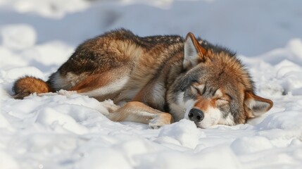 Fototapeta premium Wolf sleeping peacefully in the snow.