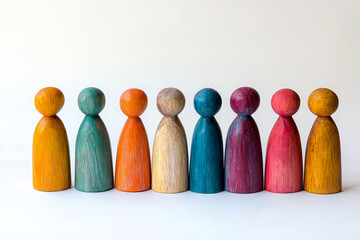 A line of multicolored carved wooden figures representing unity and diversity.